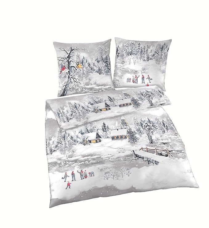 Träumschön Biber Bettwäsche 135x200 2tlg | Kuschelige Bettwäsche Schneelandschaft | Bettwäsche aus 100% Baumwolle | Ideal für