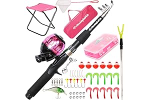 DaddyGoFish Kids Fishing Pole – Telescopic Rod & Reel Combo with Collapsible Chair, Rod Holder, Tackle Box, Bait Net and Carr
