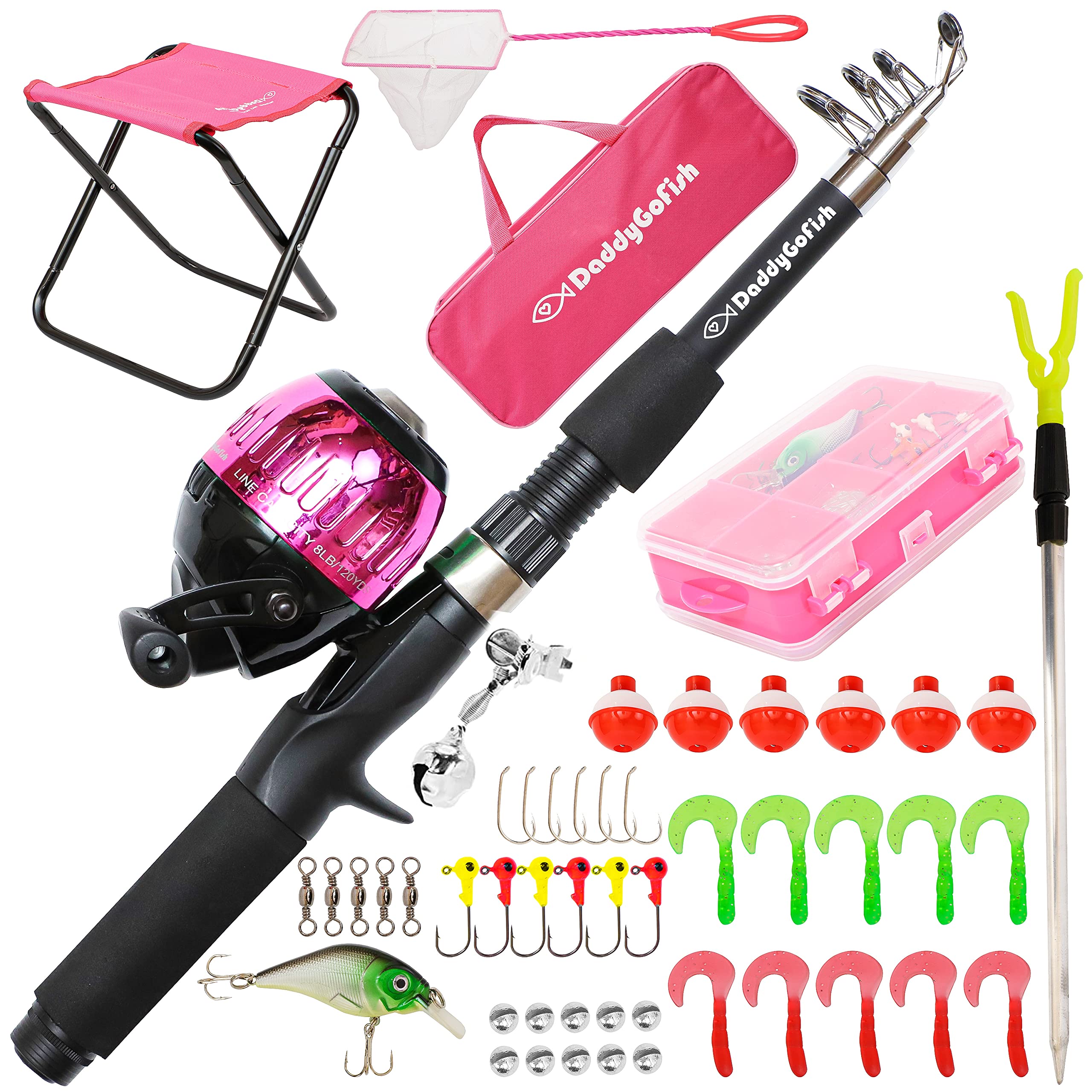 DaddyGoFish Kids Fishing Pole - Rod Reel Combo Tackle Box Starter Set - First Year Small Dock Gear Kit for Boys Girls Toddler Youth Age Beginner Little Children Junior Anglers (Older Kids (Pink), 5ft)