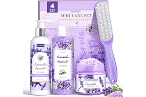 LUCOTIYA Lavender Foot Soak Set - Salts, Foot File, Scrub & Urea Cream Pedicure Supplies for Dry, Cracked Feet - Women's Spa Kit