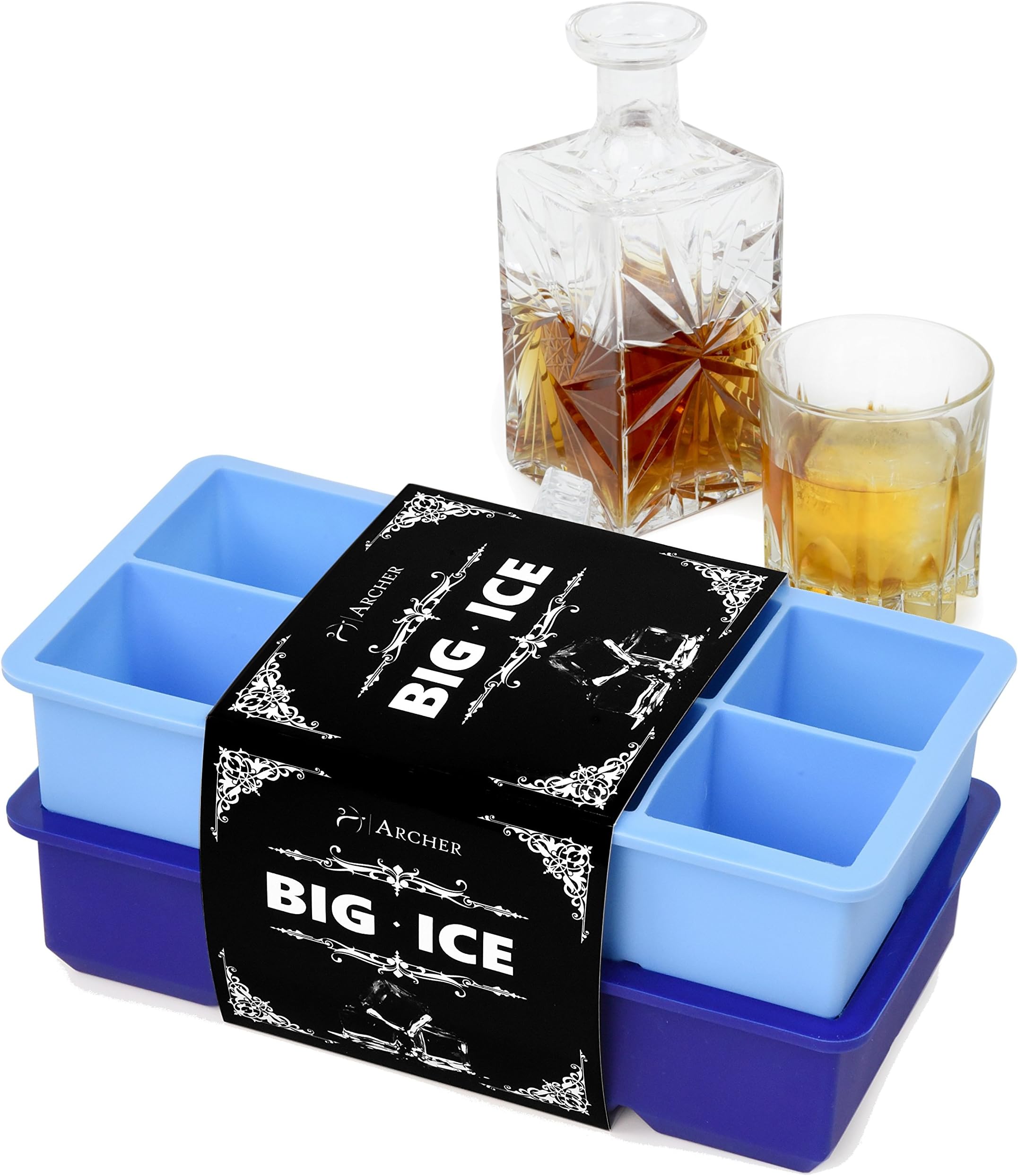 Ice Cube Trays Silicone - Big Ice by Archer - 8 Cavity Ice Maker X 2 inch Size Silicone Ice Molds - Large Ice Cube Tray for Whiskey Gin & Cocktails - Set of 2 Stackable Flexible Ice Trays - BPA Free