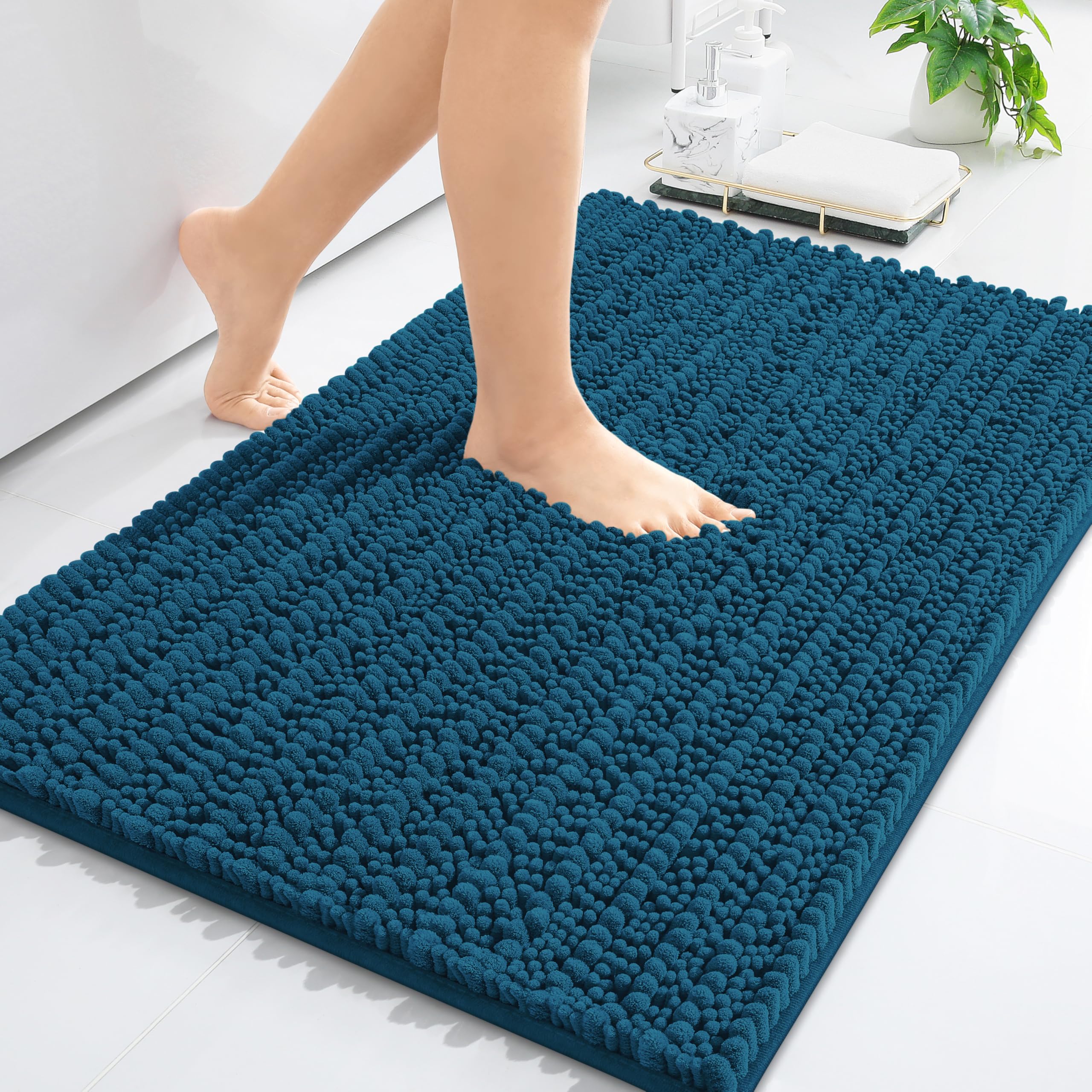 Photo 1 of Arotive Luxury Chenille Bathroom Rug Mat, Extra Soft Thick Absorbent Shaggy Bath Rugs, Non-Slip Machine Wash Dry, Plush Bath Mats for Bathroom, Shower and Tub, 24x16, Peacock Blue