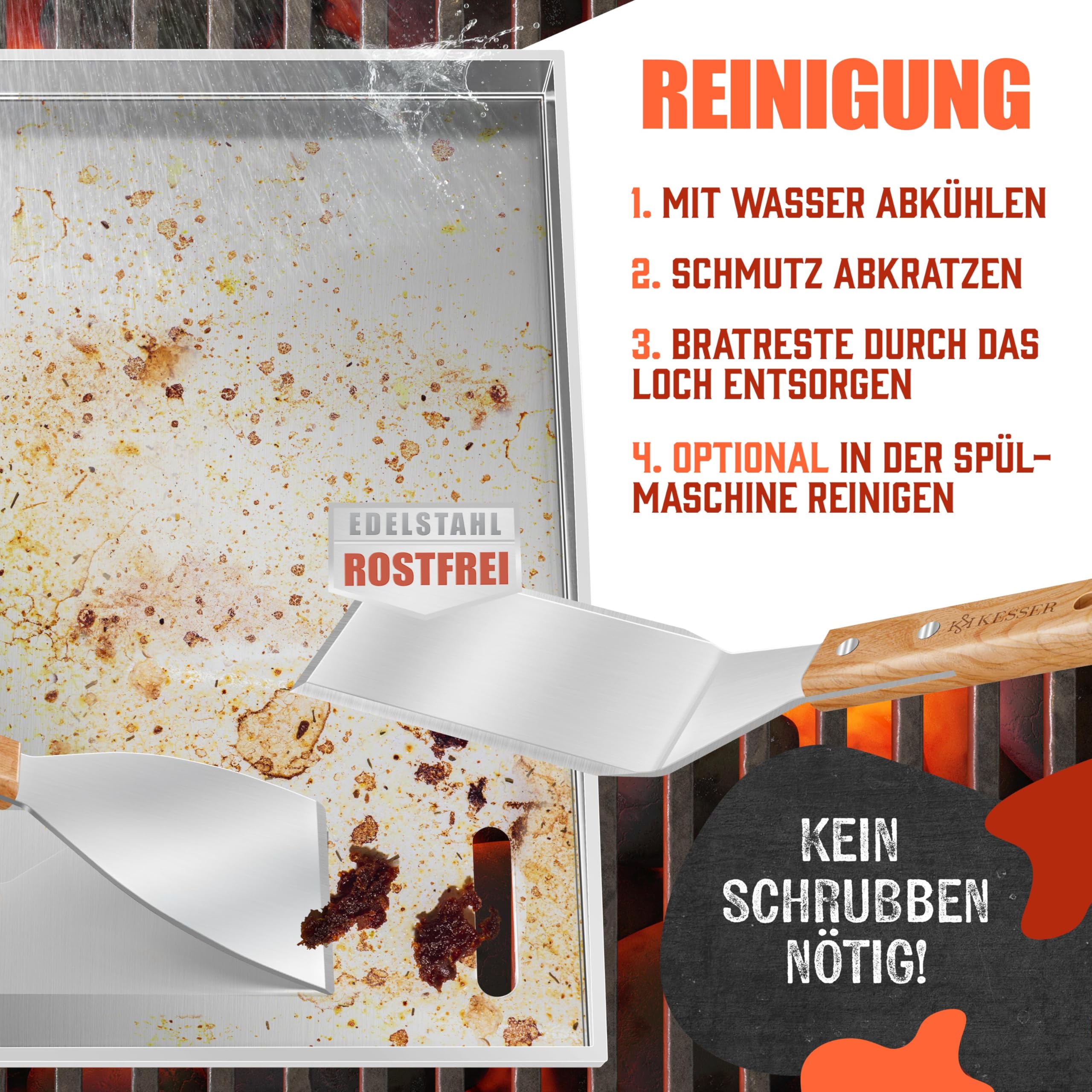 KESSER® Grillplatte Plancha aus Edelstahl 40x30cm rostfrei mit Fettablauf, hitzebeständig bis 800°C & Spülmaschinenfest für Gas & Holzkohlegrill inkl. 2 Spatel, Grillschürze, Grillmatte & Rezeptbuch 8