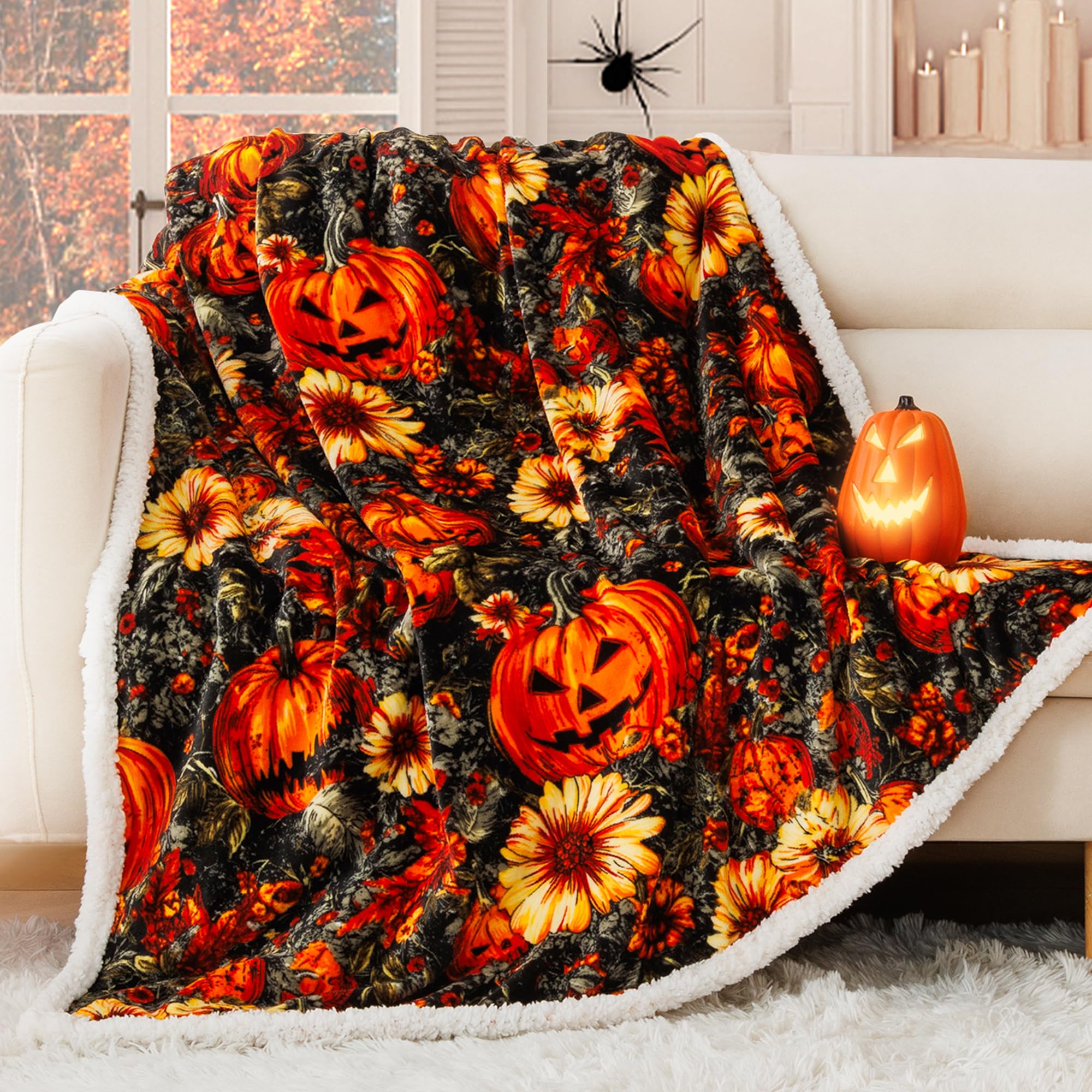 Photo 1 of ROMROL Halloween Throw Blanket, Fall Sherpa Throw Blankets, Pumpkin, Leaves Fall Blanket, Soft Fuzzy Plush for Couch Sofa or Bed, Warm Flannel Blanket for Halloween Fall Decor (50" x 60")
