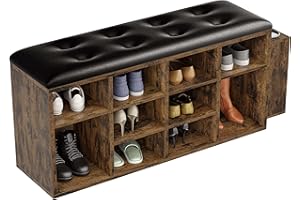 IRONCK Shoe Bench with 10 Cubbies, Storage Entryway Bench with PU Leather, Shoe Storage Rack Organizer with Adjustable Shelves, Vintage Brown
