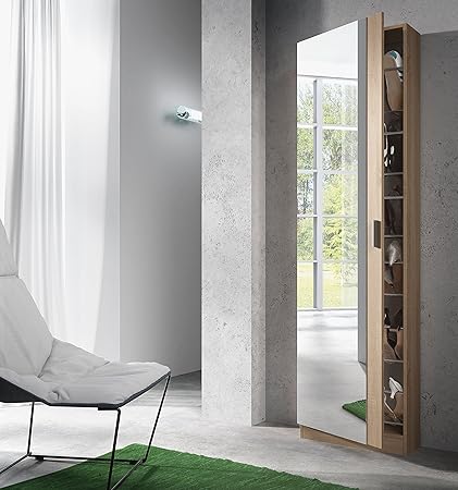Habitdesign 007866 F Schuhschrank mit Spiegel, Eiche Natur, Maße: 180 x 50 x 20 cm Tief