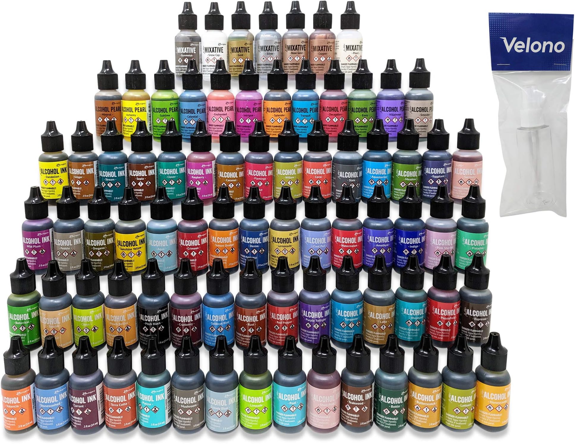 Ranger Tim Holtz Alcohol Ink Ultimate 80-Piece Bundle, All (60) Unique Alcohol Ink Colors, (12) Alcohol Pearls, (7) Metallic Mixatives, (1) Velono 2oz Clear Spray Bottle