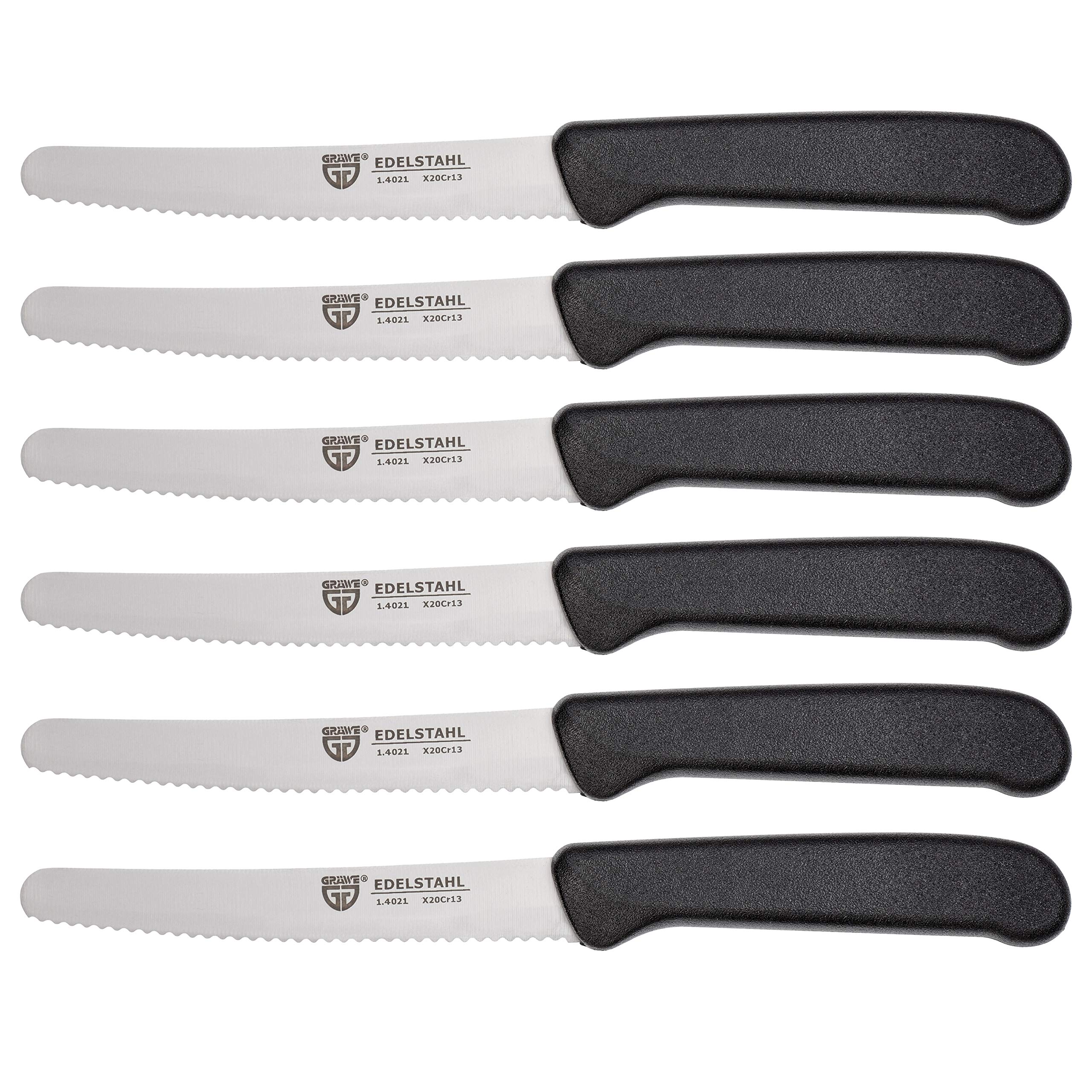 GRÄWE Table Knife Set 6 Pieces, 6-Pack with Serrated Edge, Bread Roll and Breakfast Knives, Snack Cutter, Sharp 21 Cm – Black