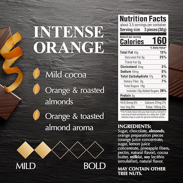 LINDT EXCELLENCE INTENSE ORANGE DARK CHOCOLATE BAR, DARK CHOCOLATE CANDY WITH ORANGE AND ALMOND SLIVERS, 3.5 OZ. (12 PACK)