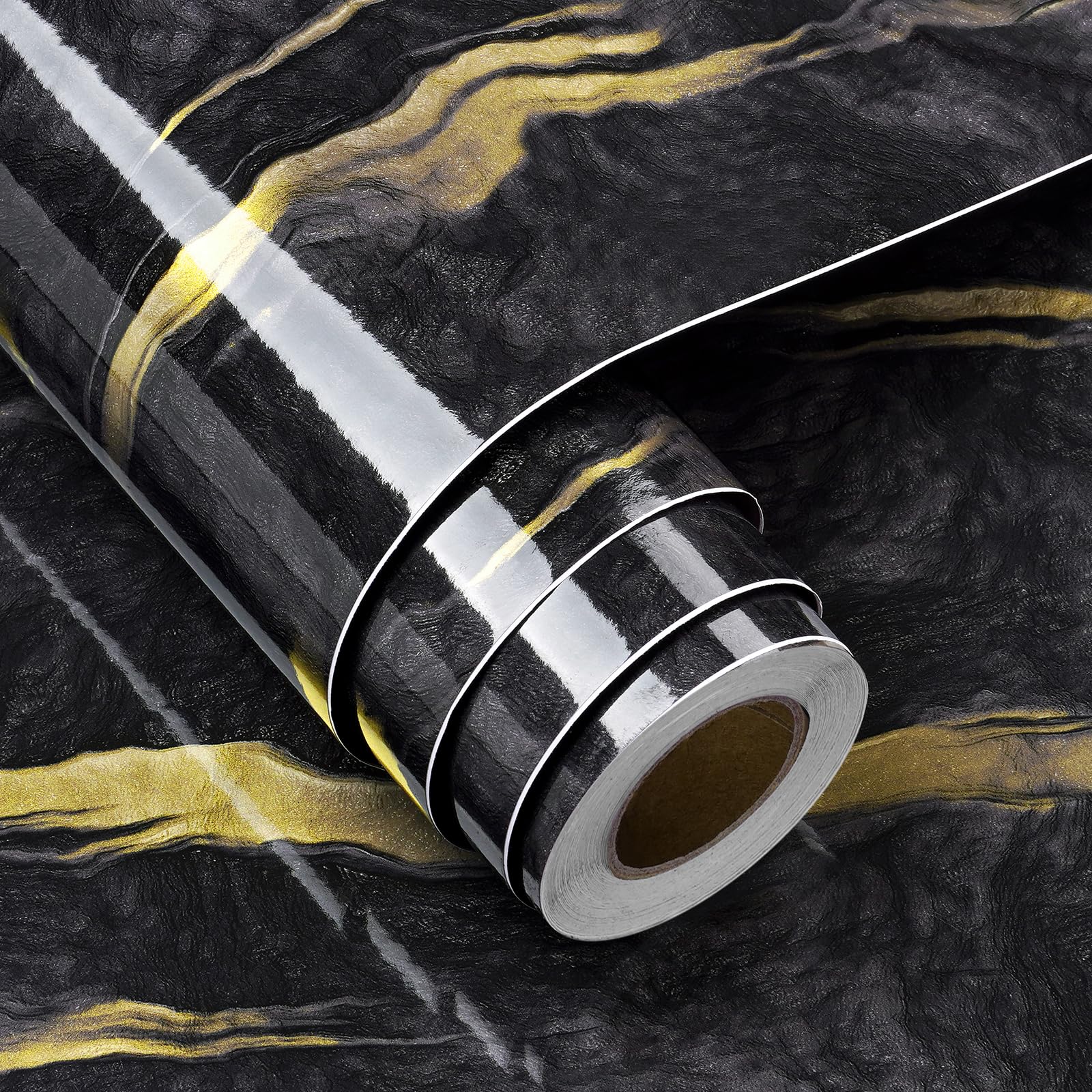 FunStick Black and Gold Wallpaper Waterproof Wallpaper Kitchen Counter Top Vinyl Marble Effect Kitchen Worktop Vinyl Wrap Marble Black Gold Sticky Back Plastic Table Covering Cupboards 30CM×5M
