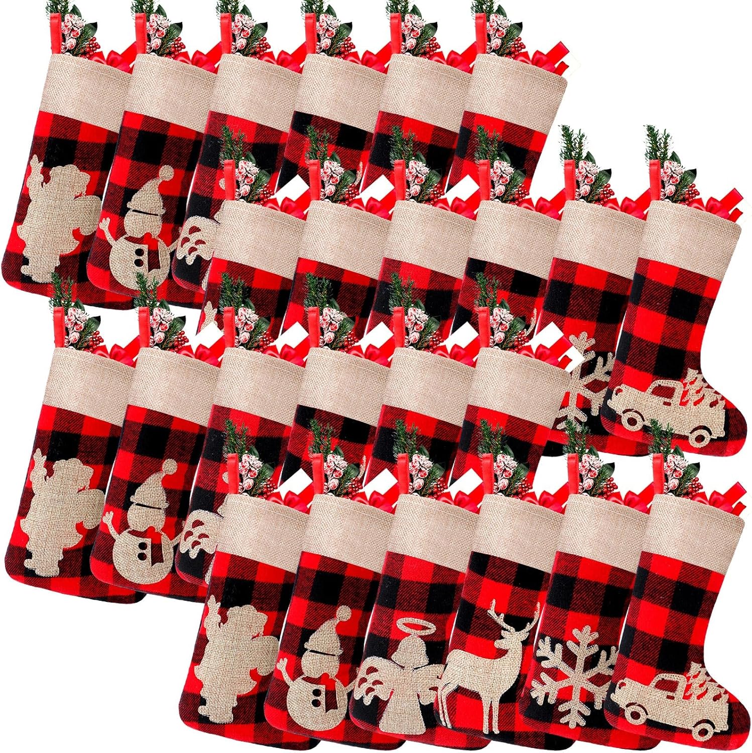 Stockings & Holders - Skylety 24 Pcs Christmas Stockings Bulk Christmas Classic Buffalo Plaid Stocking with Plush Cuff for Family Christmas Holiday Party Decor (Red Black,Fresh)