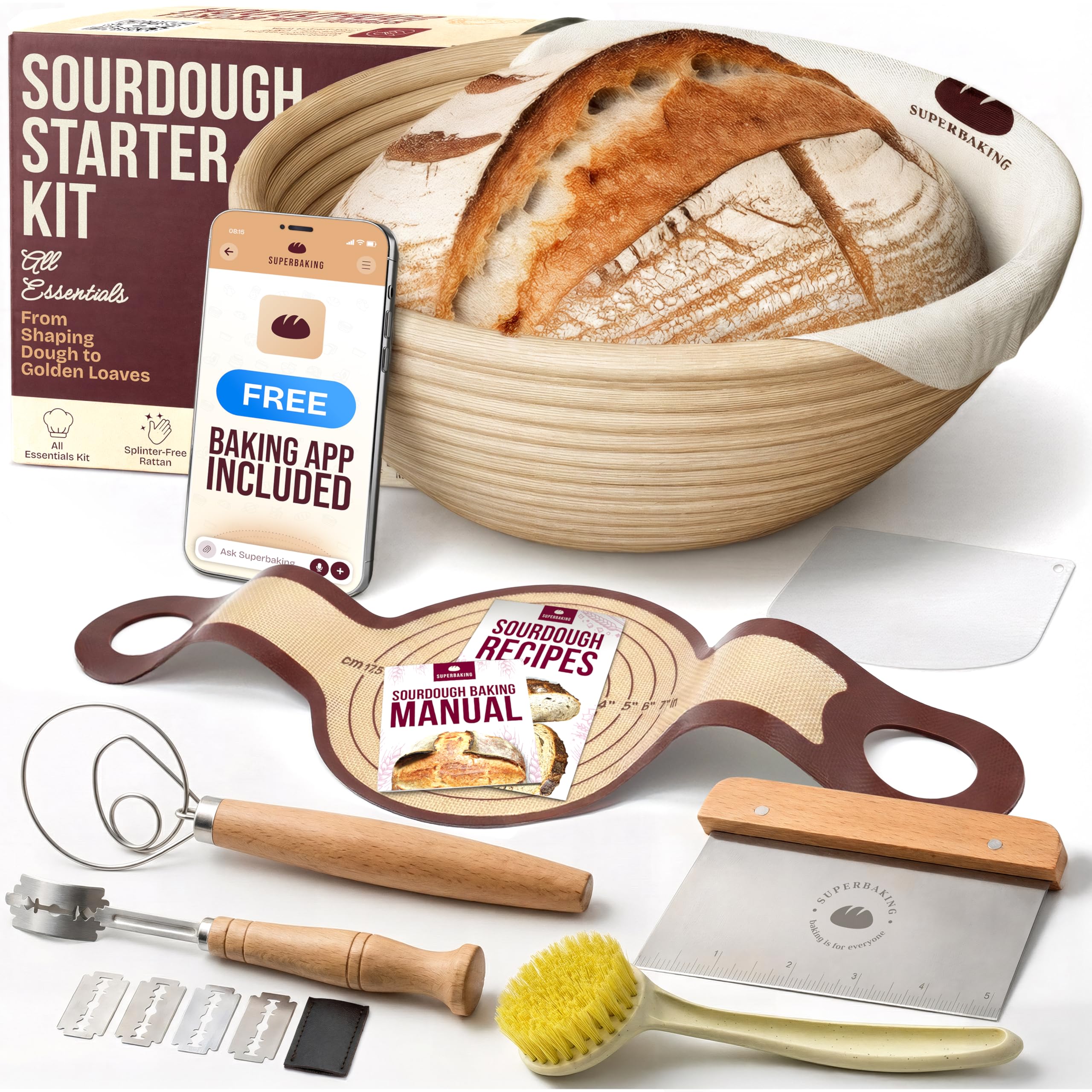 Photo 1 of Superbaking Banneton Bread Proofing Basket Set with Silicone Dough Sling, 9" Splinter-Free Proofing Basket, Non-Stick Dutch Oven Liner, Sourdough Starter Kit, Sourdough Bread Baking Supplies & Tools