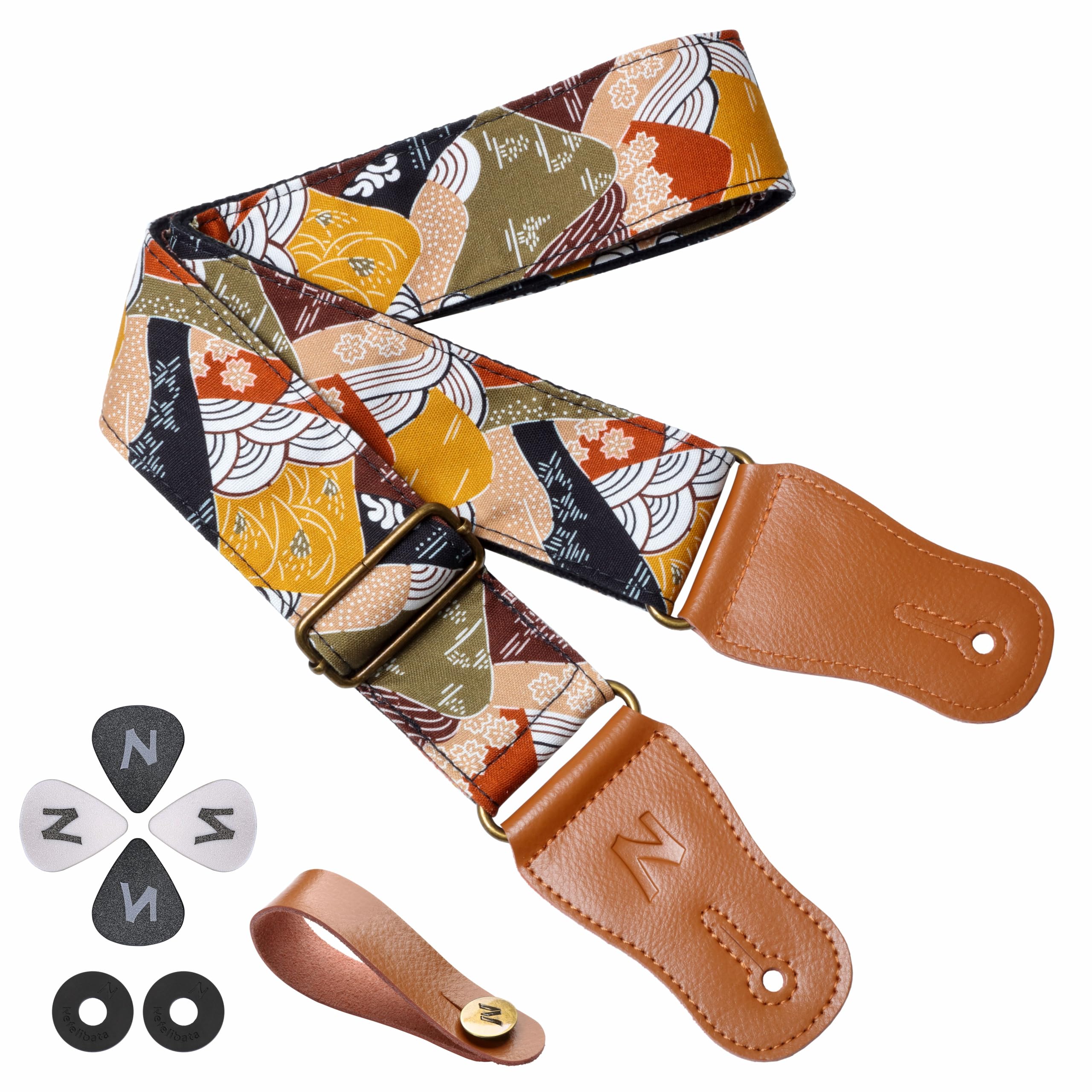 Nefelibata Japanese Cotton Guitar Strap for Acoustic Guitar, Ukulele, Free Headstock Strap Adapter with Buckle, Guitar Picks and Strap Lock(Valley)