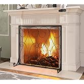 Kingson Single Panel Handcrafted Wrought Iron Symmetric Scroll Flat Fireplace Screen with Sturdy Steel Frame Durable Metal Mesh Decorative Free Standing Fireplace Spark Guard Black Finish