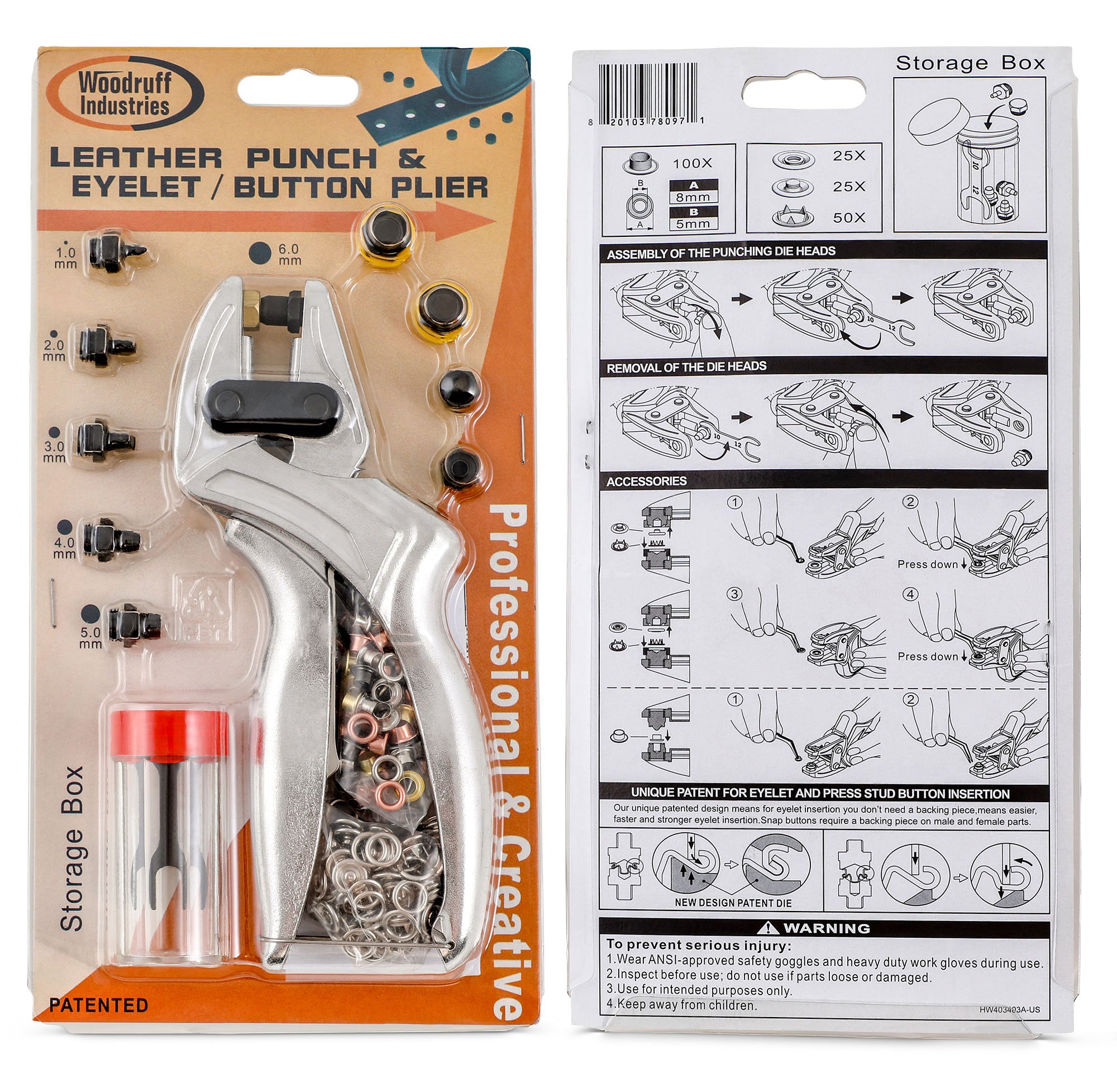 3in1 Heavy Duty Leather Hole Punch Set 16mm; Eyelet Setter; Snap