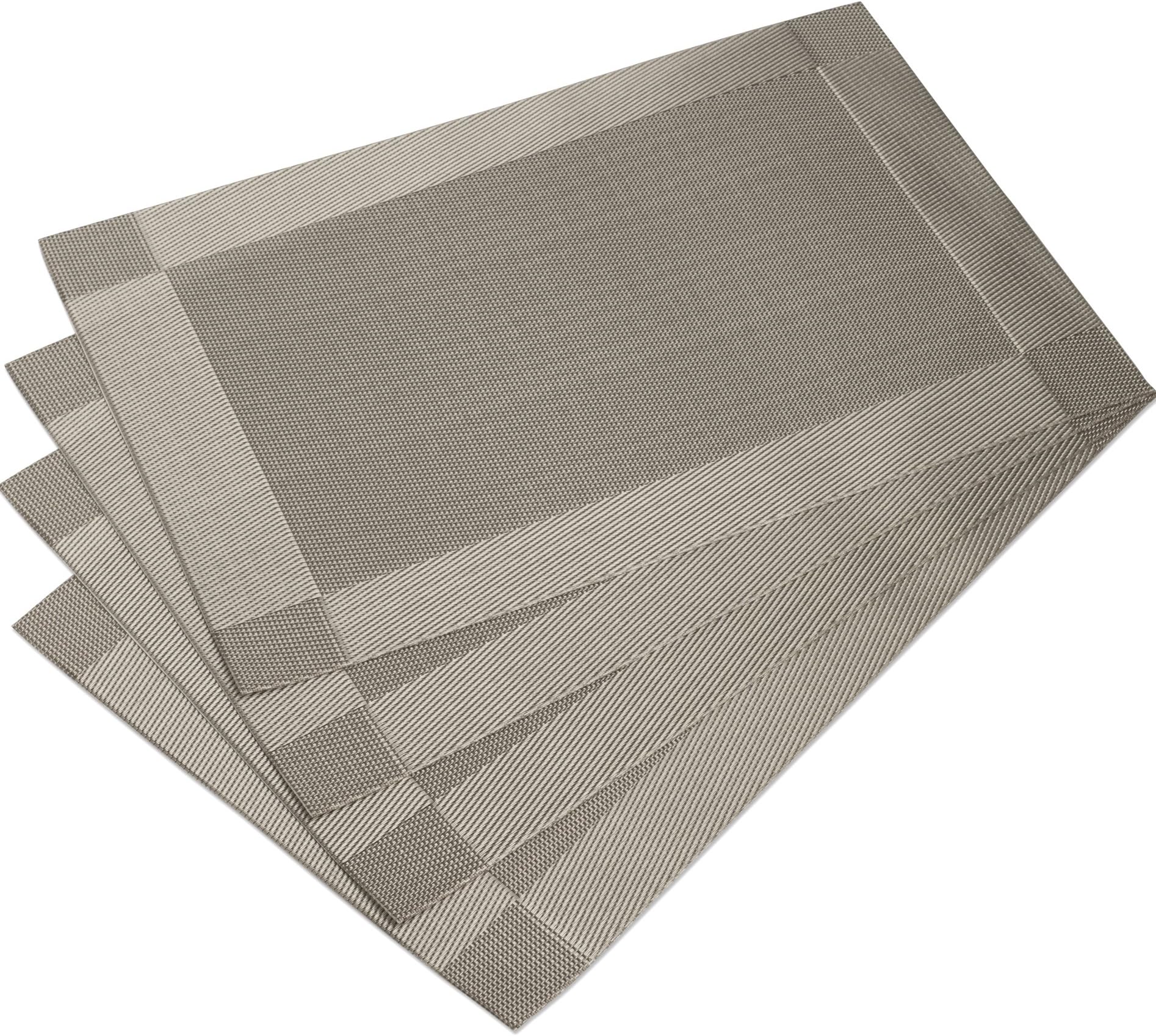 DinaChef Place Mats for Dining Table or Kitchen, Quality Thermal Bonded Edges, Reversible Placemats, Vinyl Placemat Set of 4, Rectangle Square Corner Design Mats in Grey
