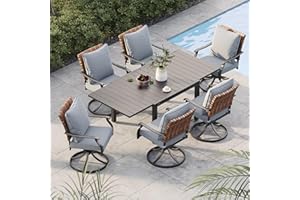 Grand patio 7-Piece Outdoor Dining Set, 6 Leather-Look Wicker Swivel Patio Chairs & 1 Rectangular Dining Table, Black
