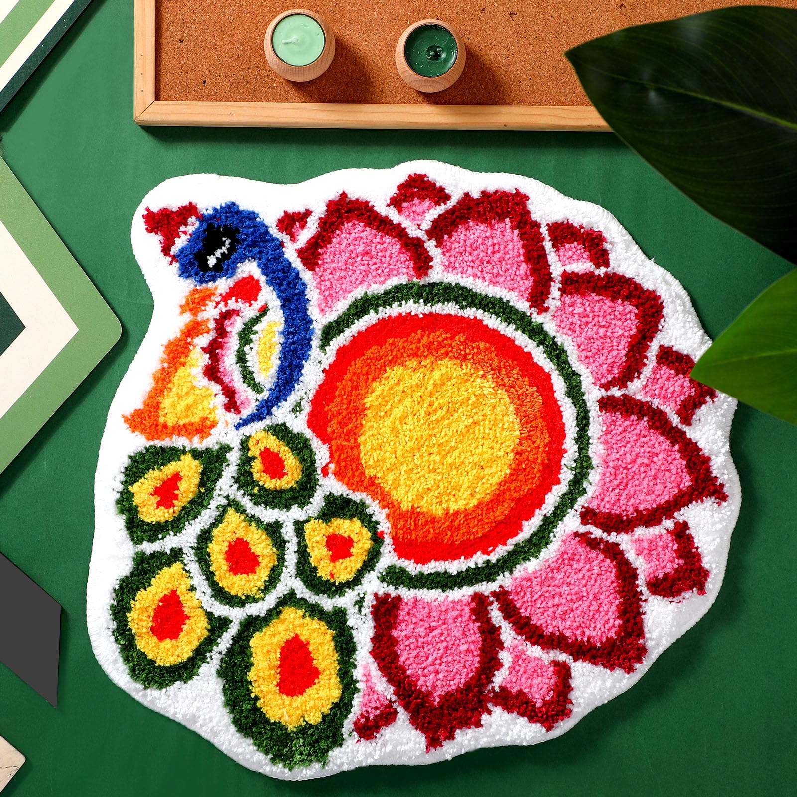 Photo 1 of Drydiet 20 Inch Diwali Rangoli Mat Decorations Indian Diwali Door Mat for Home Peacock and Petals Decoration Non Slip Washable Rug for Indian Traditional Pooja New Year Entrance Gift