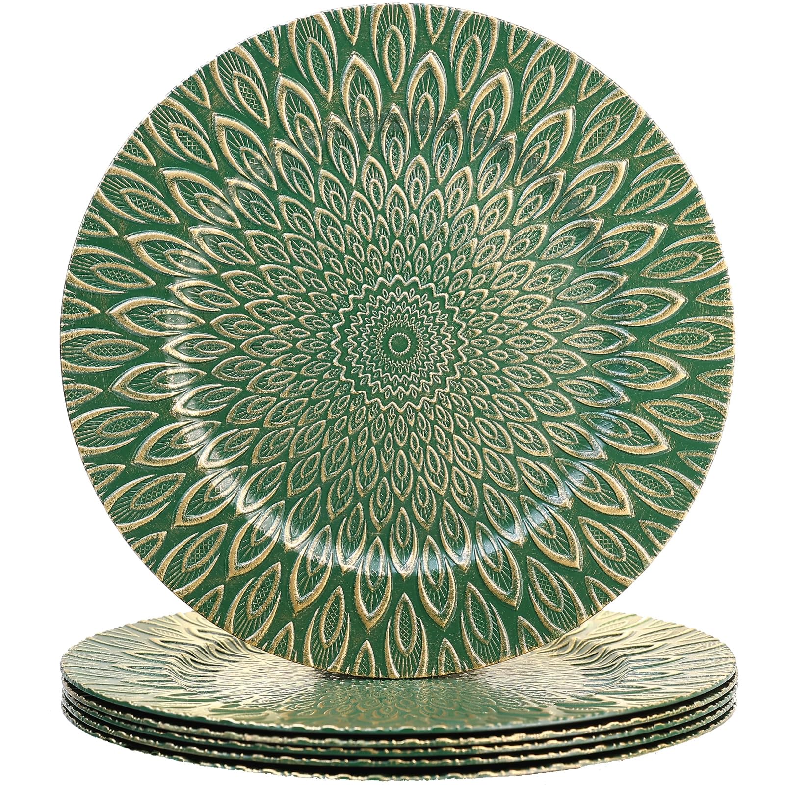 Photo 1 of SforGUVA Green Charger Plates, 13 Inch Set of 6 Plastic Peacock Chargers for Dinner Plates,Table Settings, Easter, Thanksgiving, Christmas Party, Family Gathering.