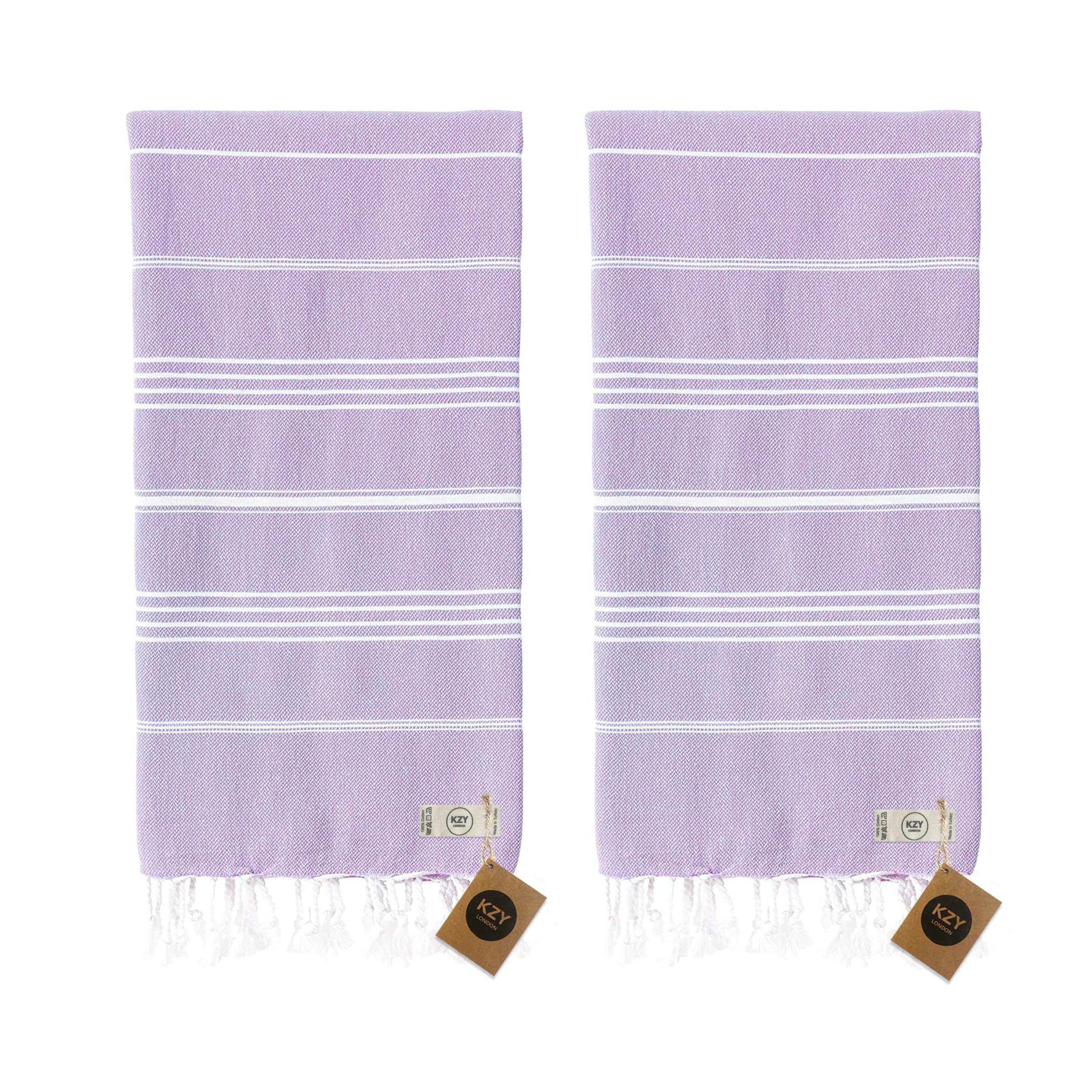 KZY LONDON Beach Towel 2 Pack Large Turkish Beach Towels for Camping, Swimming, Gym - Quick Dry, Absorbent, Lightweight, Cotton 90x180cm Hammam Towels for Adults (2 Set, Lilac)