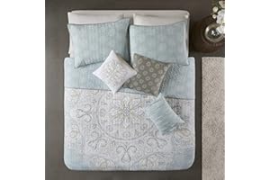 Madison Park 100% Cotton Quilt - Luxury Stitching Design, All Season, Breathable Coverlet Bedspread Bedding, Shams, Decorative Pillow, King/Cal King(104"x92"), Seafoam 6 Piece