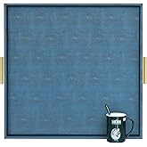 HofferRuffer Extra Large Square Serving Tray, Elegant Faux Leather Ottoman Tray with Gold Hardware Handles, Serve Tea, Coffee or Breakfast in Bed, 24 x 24 inches (Navy Blue Shagreen)