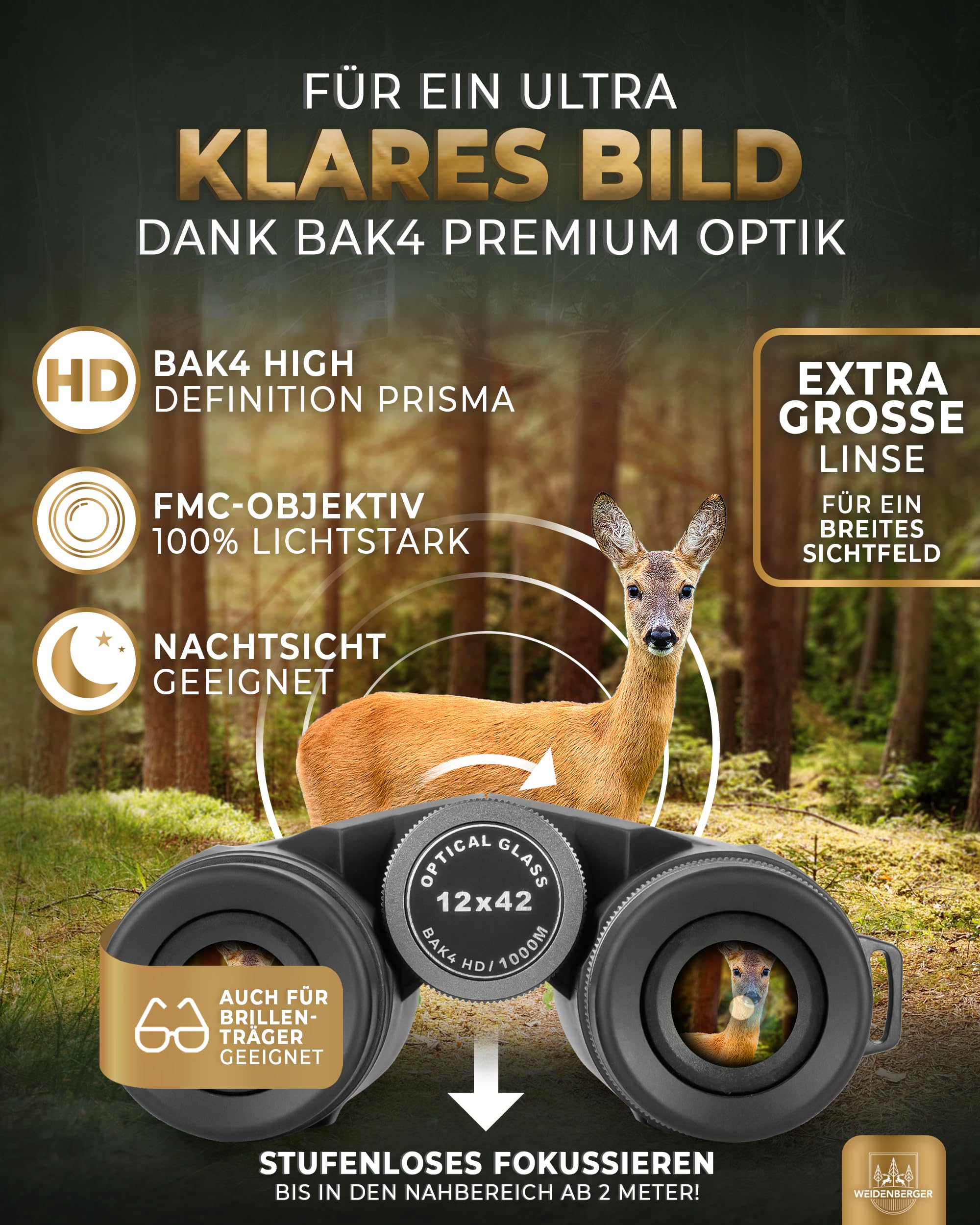 Weidenberger Fernglas 12x42, [TESTSIEGER] Magnesium Fernglas mit Nitrogenfüllung und wasserdicht, für Erwachsene, BAK4 HD Prisma + FMC Objektiv, auch Brillenträger geeignet (Schwarz, 12x42) 5