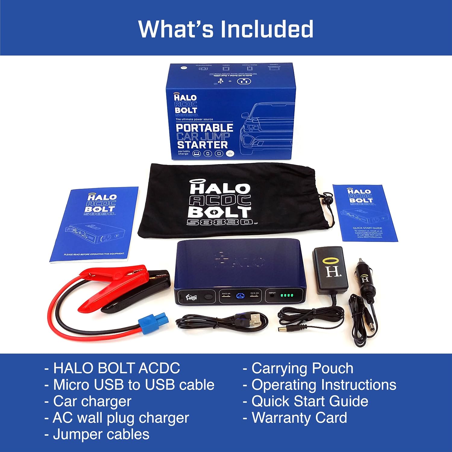 HALO Bolt 58830 mWh Portable Phone Laptop Charger Car Jump Starter with AC Outlet and Car Charger - Grey