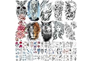 Hotoyannia 82 Sheets Large-Size Black Temporary Tattoos Stickers for Women and Men, Includes 10 Large Fake Tattoos That Look Real and Last Long, Halloween Tattoos Include Wolf Lion Tiger Skull Tattoos
