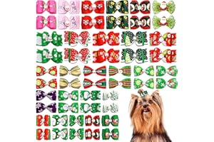 Pai Sence 100 Pcs Christmas Dog Hair Bows with Rubber Bands for Small Medium Large Dogs Bulk Random Color Puppies Topknot Holiday Party Grooming Hair Accessories for Xmas Cats