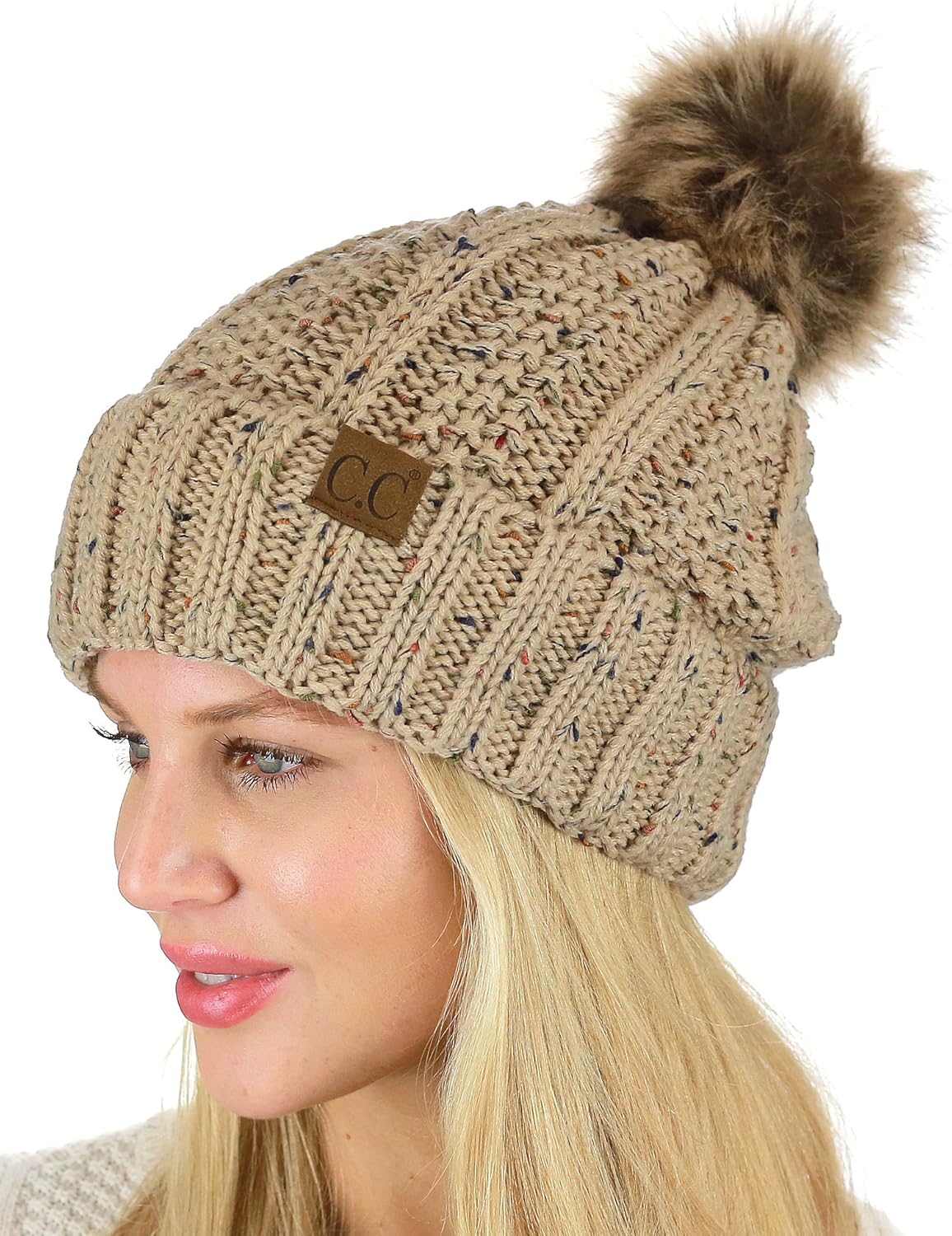 C.C Thick Cable Knit Faux Fuzzy Fur Pom Fleece Lined Skull Cap Cuff Beanie, Black at  Women’s Clothing store