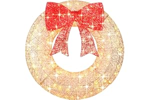 FUNNGO Lighted Outdoor Christmas Wreath w/Red Bow, 8 Light Functions, 6 Hour On & 18 Hours Off, 2 Power Modes(Not Includes Battery), Christmas Decoration for Doors, Windows, Wall (36", Gold)