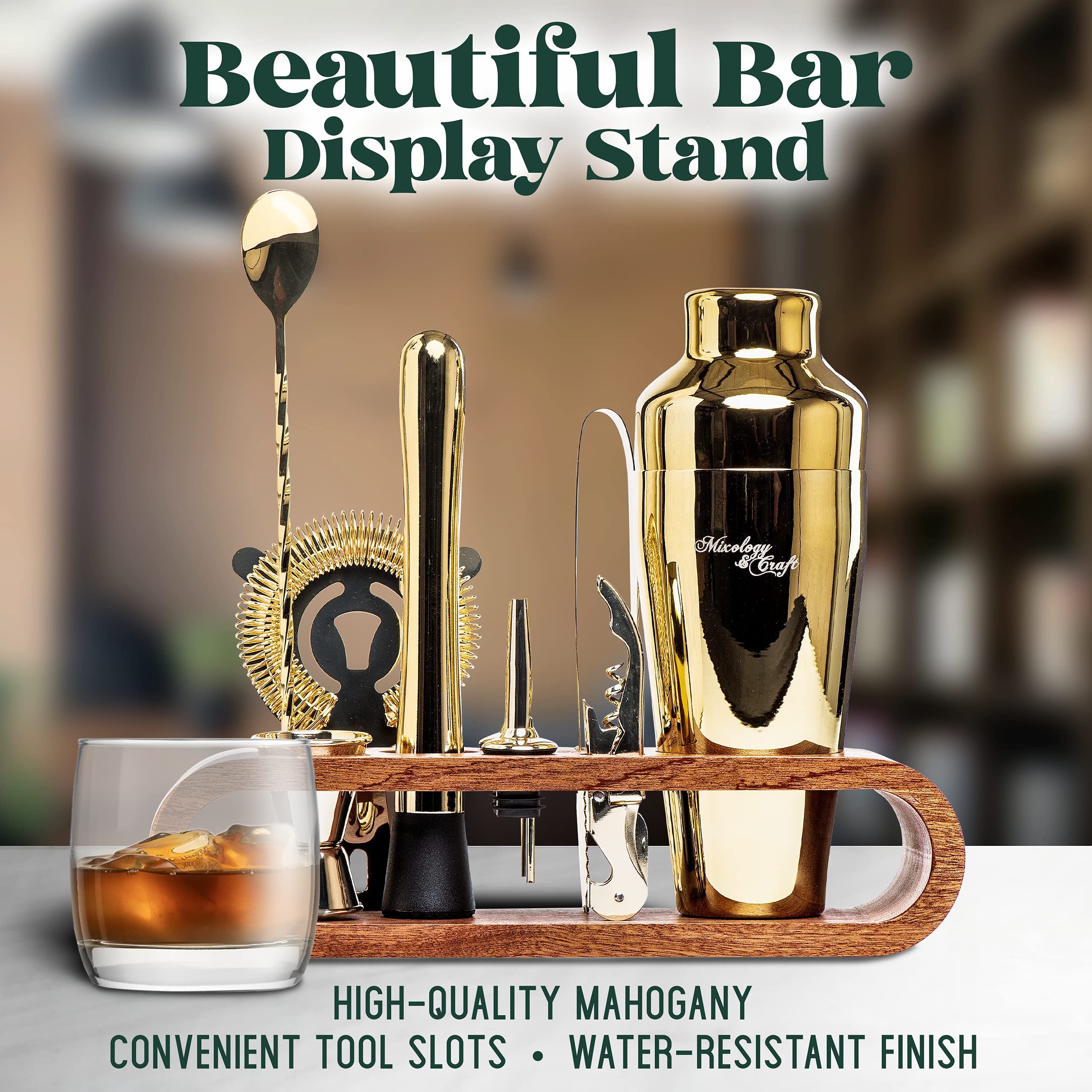 Mixology Bartender Kit: 10-Piece Bar Tool Set with Mahogany Stand | Perfect Home Bartending Kit and Martini Cocktail Shaker Set For a Perfect Drink Mixing Experience | Fun Housewarming Gift (Gold) - Image 5