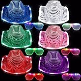 Maitys 12 Pieces Space Cowgirl Hat and LED Glasses Set Glow in the Dark LED Cowboy Hat Shutter Shades Light up Glasses for Women Men Birthday Party Supplies, Assorted Colors