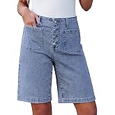 luvamia Bermuda Shorts for Women Jean High Waisted Trendy Patch Pockets Casual Summer Button Fly Stretchy Denim Shorts