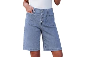 luvamia Bermuda Shorts for Women Jean High Waisted Trendy Patch Pockets Casual Summer Button Fly Stretchy Denim Shorts