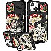 Funermei (2in1 for iPhone 13 Case/for iPhone 14 Case for Women Cute Girls Skull Phone Cover Skeleton Goth Fun Spooky Horror Gothic Scary Design with Camera Cover+Ring Stand Funda for Apple 13/14 Case