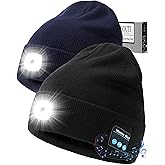 Bluetooth Beanie Hat with Light for Men 2 Pack, LED Beanie with Light Built in Unisex USB Rechargeable, Headlamp Cap with Wireless Headphones Built-in Speaker Mic Gifts for Men Dad Teen (Black+Navy)