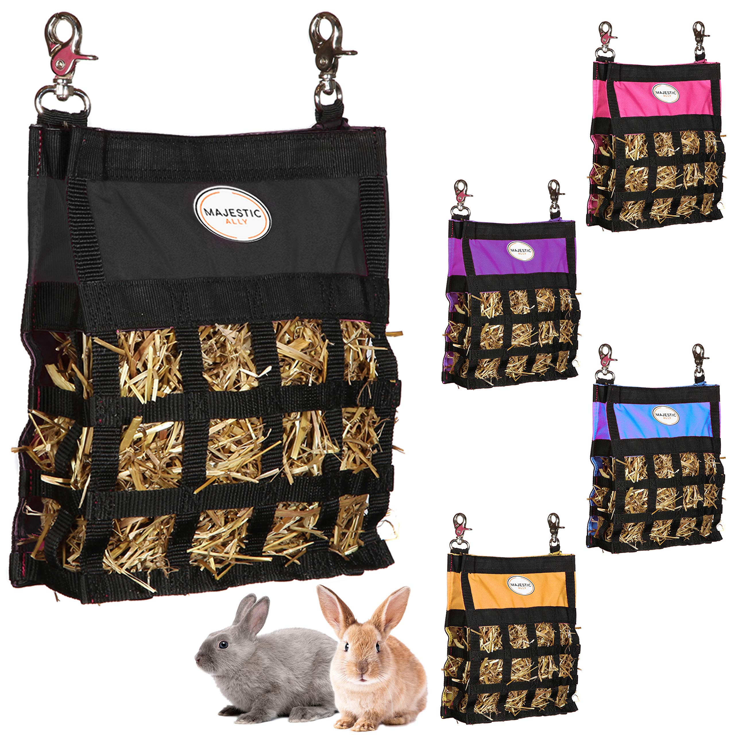Majestic Ally Guinea Pig & Rabbit Hay Feeder – Premium Quality Highly Durable Nylon – Three Side Open Slow Feed Hay Bag for Small Animals – 5 Lovely Colors
