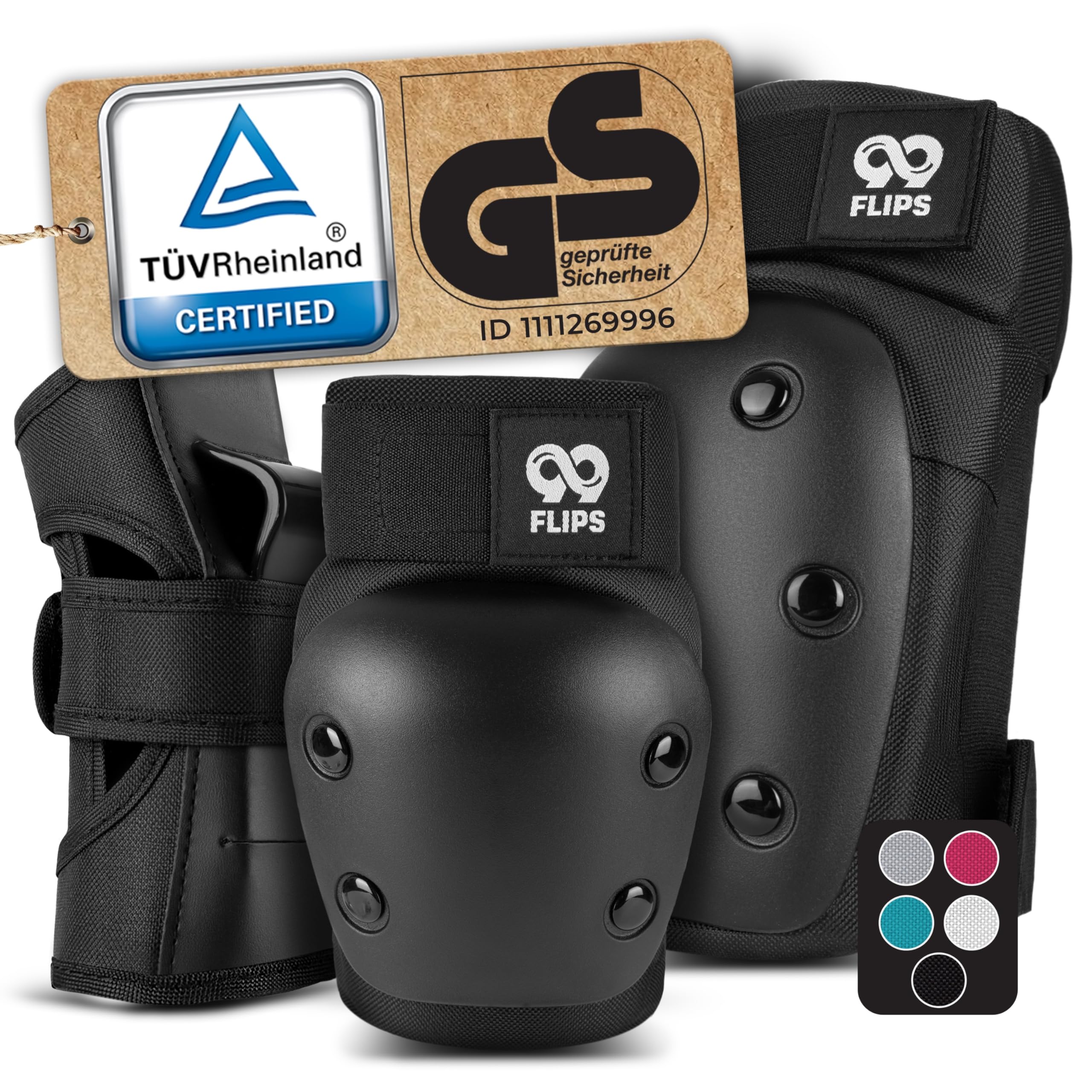 99FLIPS Knee and Elbow Pads Adult - incl. Wrist Guards - Skating Protective Gear Adult - Size L in Black - Skateboard, Scooter and Inline Skating