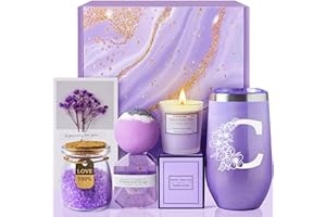 MADDIFY Gifts for Women, Mom, Wife, Girlfriend, Sister, Friends Her - Unique Birthday, Christmas, Valentine's Day, Mothers Day Gifts, Wedding Gifts - Initial Lavender Spa Gift Basket Box (C)
