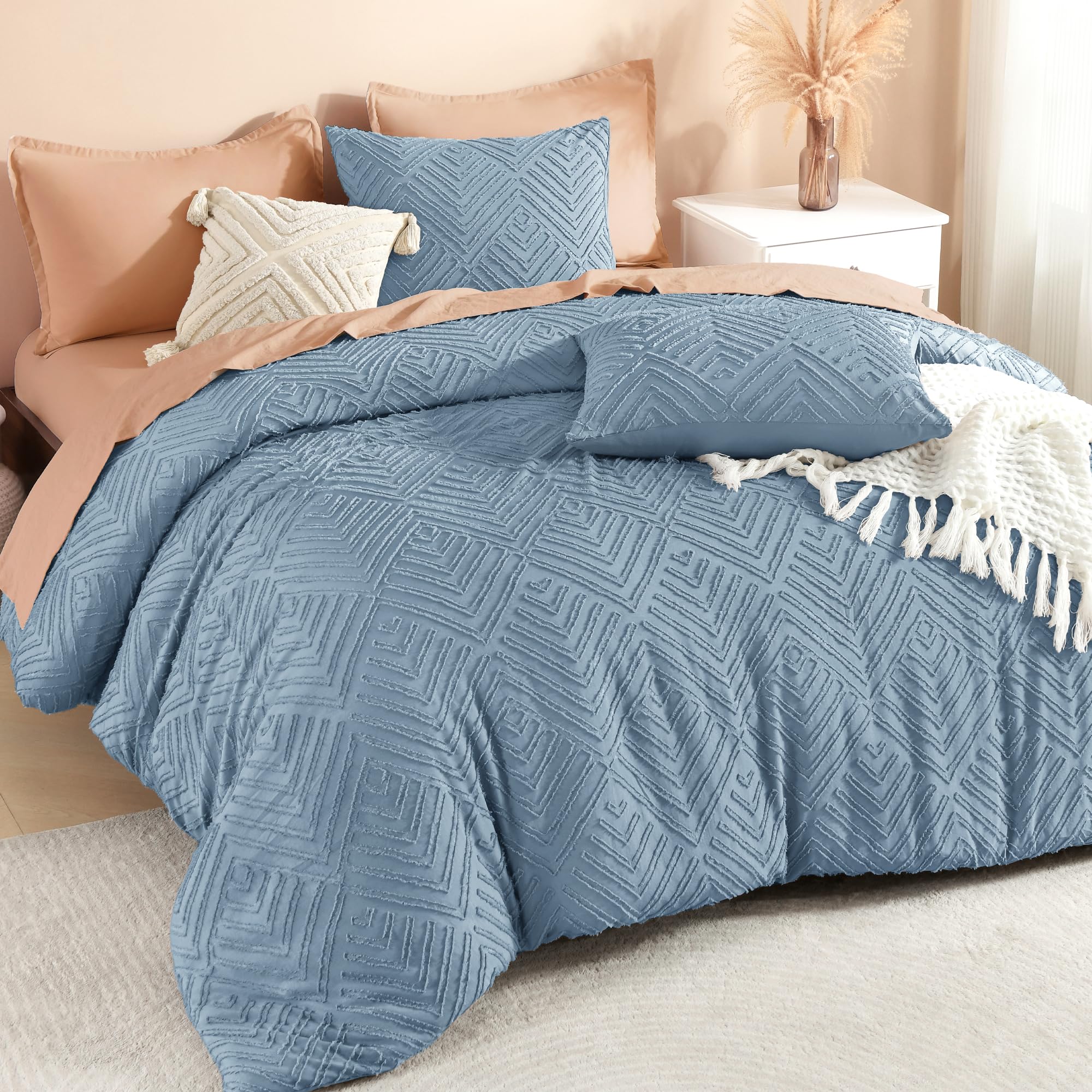 Litanika Grayish Blue Full Comforter Set, 3 Pieces Tufted Boho Farmhouse Bedding Comforter Sets, Lightweight Fluffy Comforter Bed Set for All Season (79x90In Comforter and 2 Pillowcases) Image