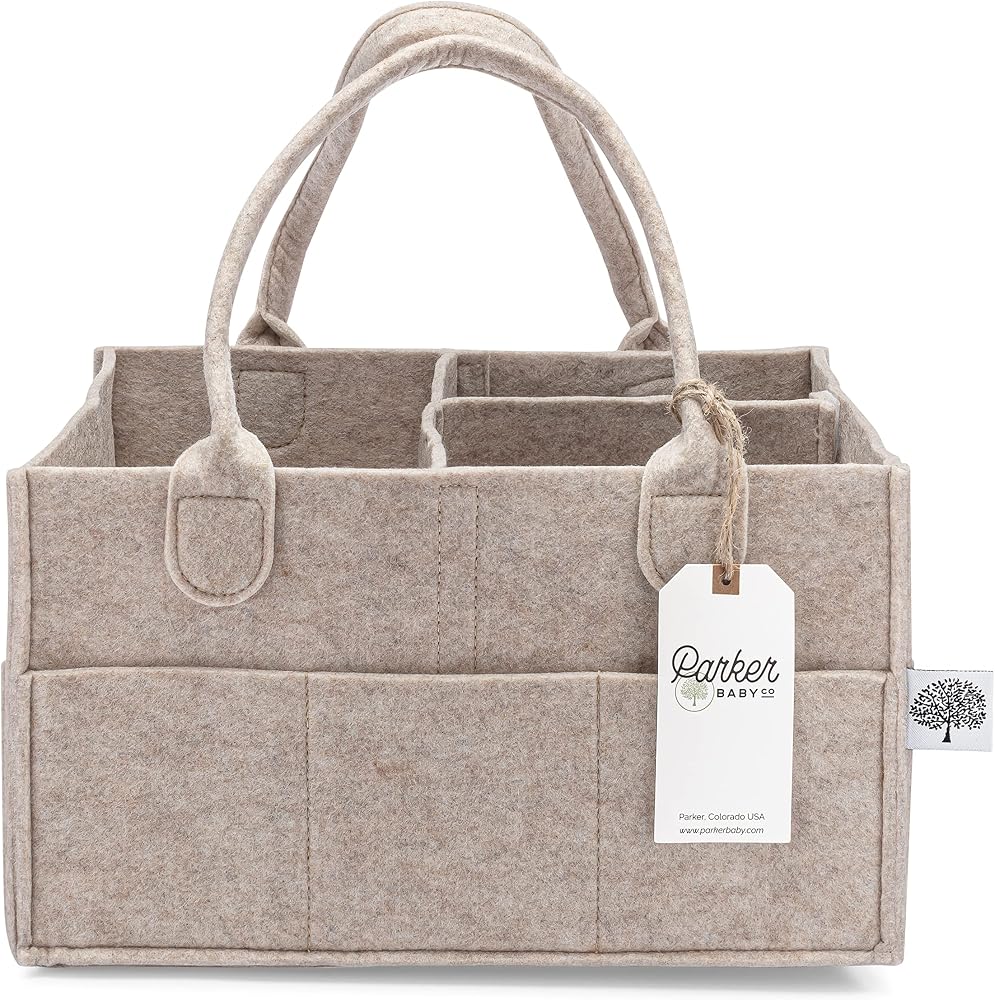Parker Baby Co. Felt Diaper Caddy Organizer - Regular, Oatmeal | Portable nursery storage bin for diapers, wipes, bottles & b