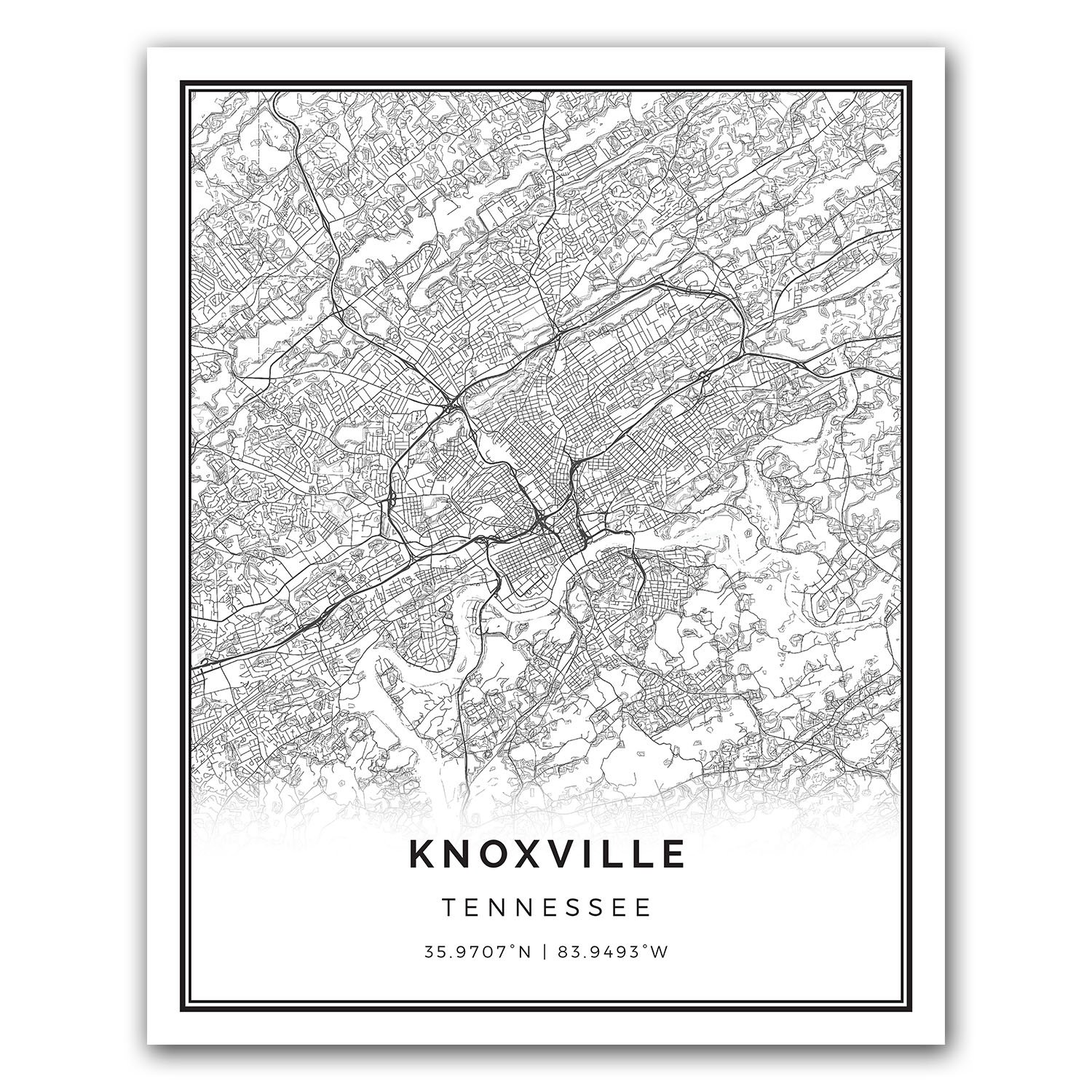 Squareious Knoxville map poster print | Modern black and white wall art | Scandinavian home decor | Tennessee City prints artwork | Fine art posters 16x20