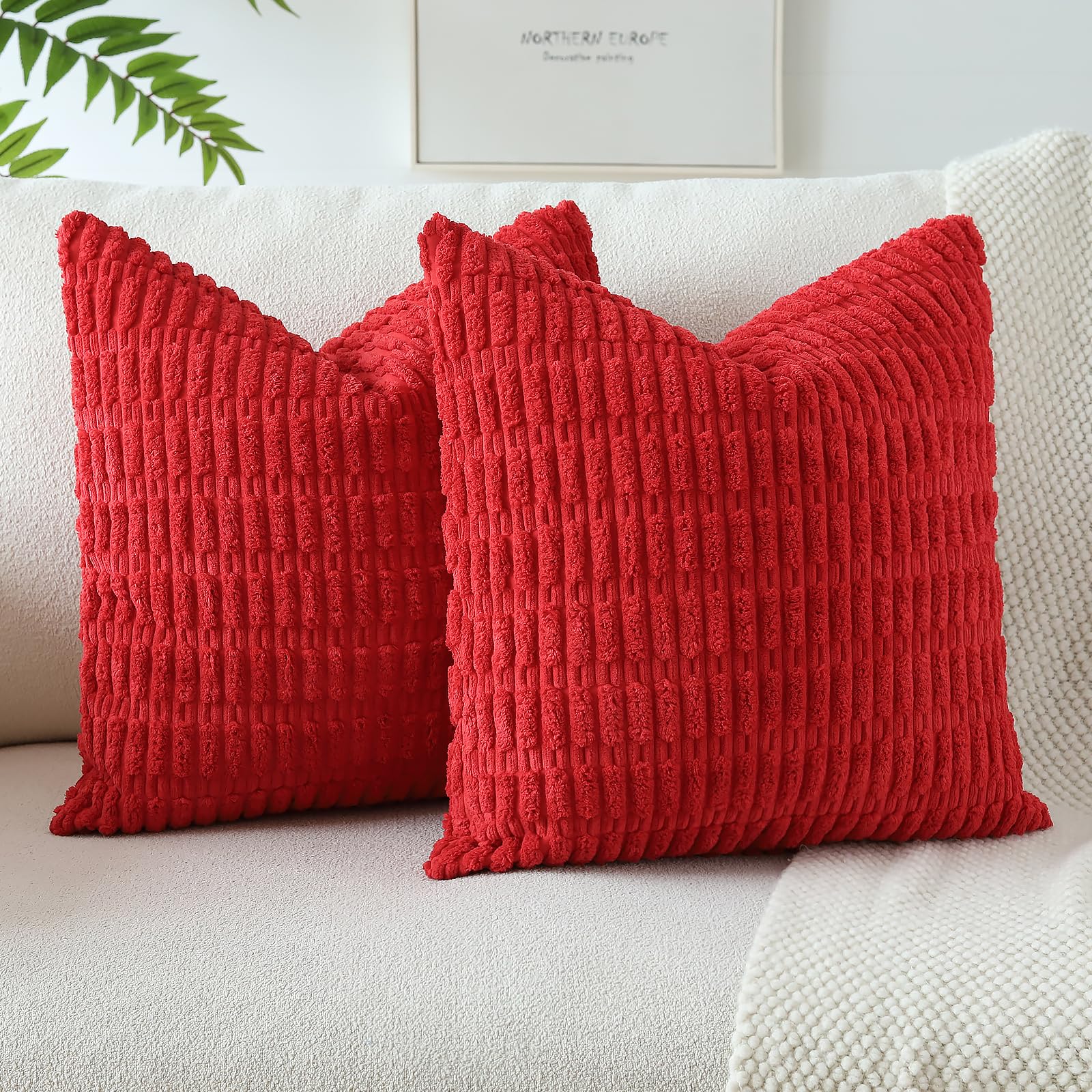 JOTOM Set of 2 Corduroy Soft Striped Cushion Covers 45x45 cm Decorative Throw Pillow Covers Square Cushion Case Home Boho Decor Pillow Cases for Couch Sofa Bedroom 18x18 Inch (Red) — image 1