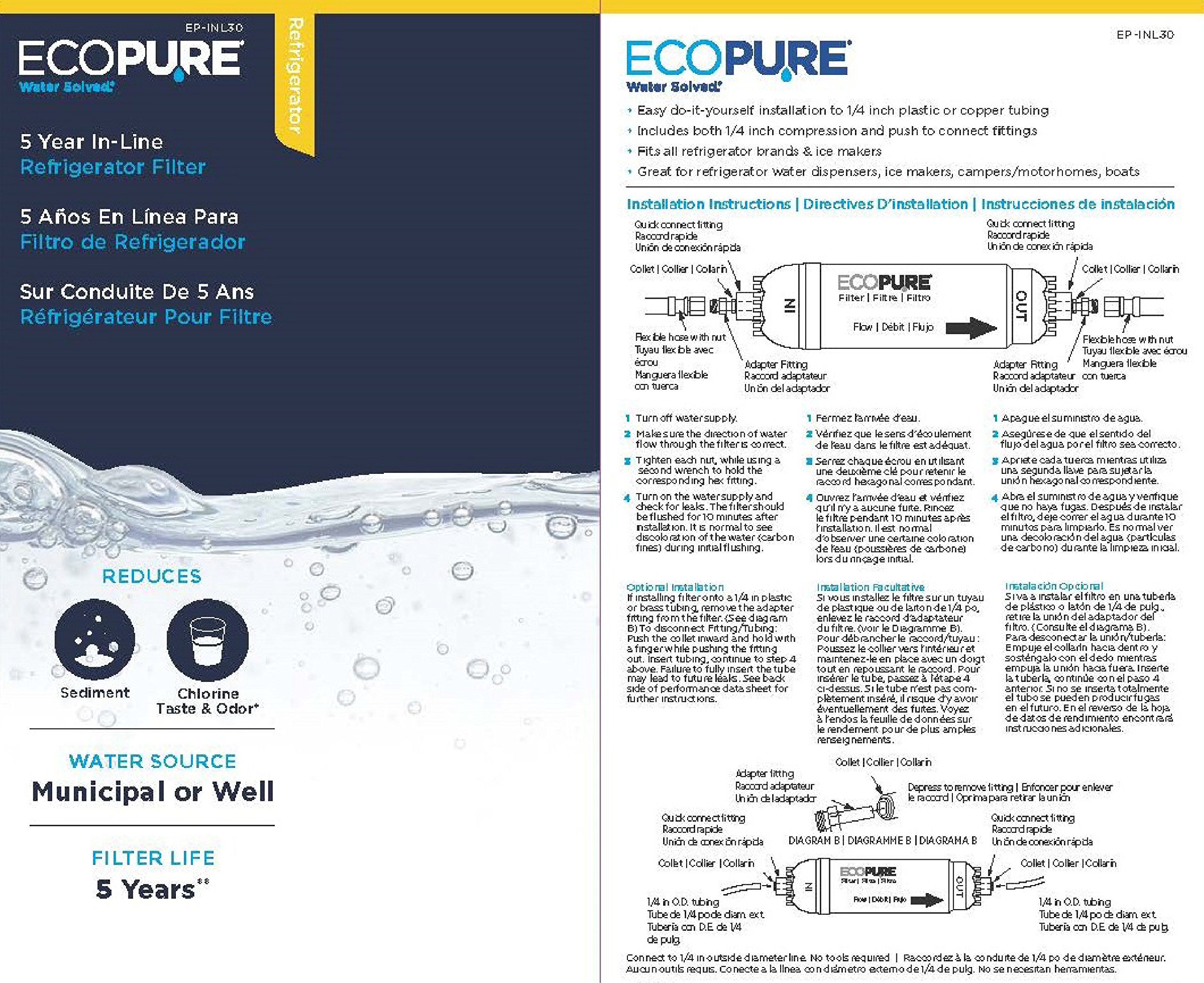 EcoPure EPINL30 5 Year in-Line Refrigerator Filter-Universal Includes Both 1/4