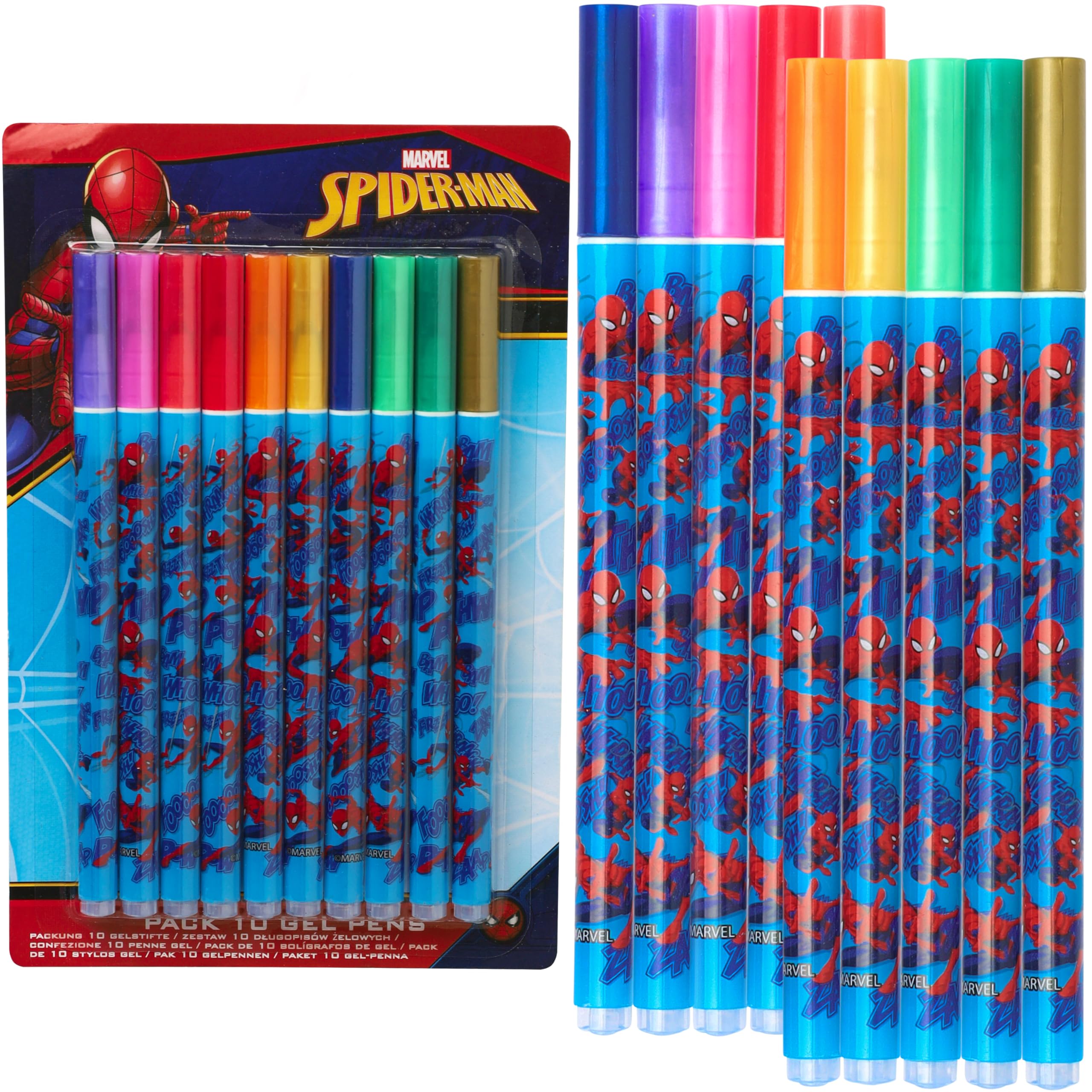 Disney Spiderman Gel Pens with Metallic Ink for Kids Teens Coloured Pens 10 Pack School Supplies Stationery Drawing Writing Colouring Gifts for Kids (Multi Spiderman)