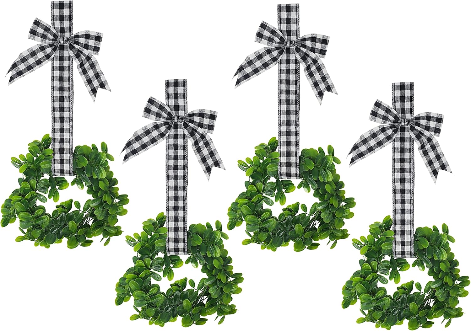 Bows & Ribbons - KOVOT Set of 4 Hanging Wreaths with Plaid Ribbon Bow. Christmas Decoration for Kitchen Cabinets, Behind Chairs, Doors, Railings & Windows - Black & White Plaid Bow