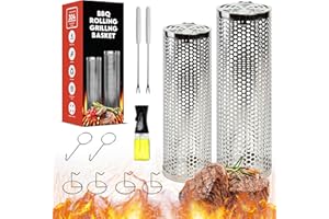 LIFESTYLE PLUS Rolling Grilling Baskets (2 PCS) - 360° Heavy Duty Stainless Steel BBQ Basket, Complete Set for Outdoor Cooking and Party