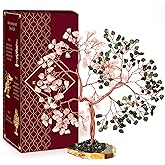 Crystal Tree for Women Office Decor, Handmade Green Aventurine & Rose Quartz Healing Stones Tree of Life for Positive Energy, Money, Good Luck, Feng Shui Home Decor, Spiritual Gifts for Women